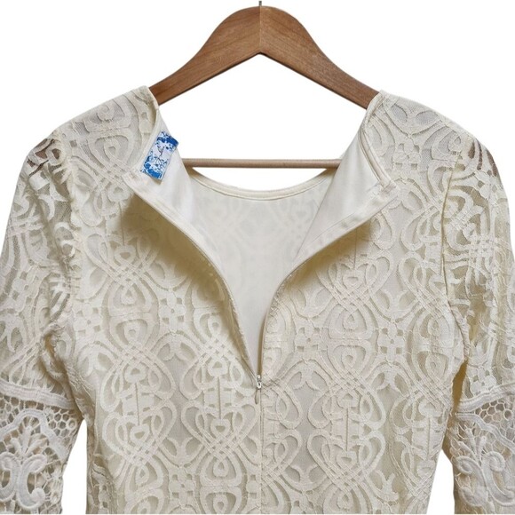 J Glee Dress Sz S Cream Floral Crochet Lace Overlay 3/4 Slv Lined Cottage Fairy - Picture 6 of 15